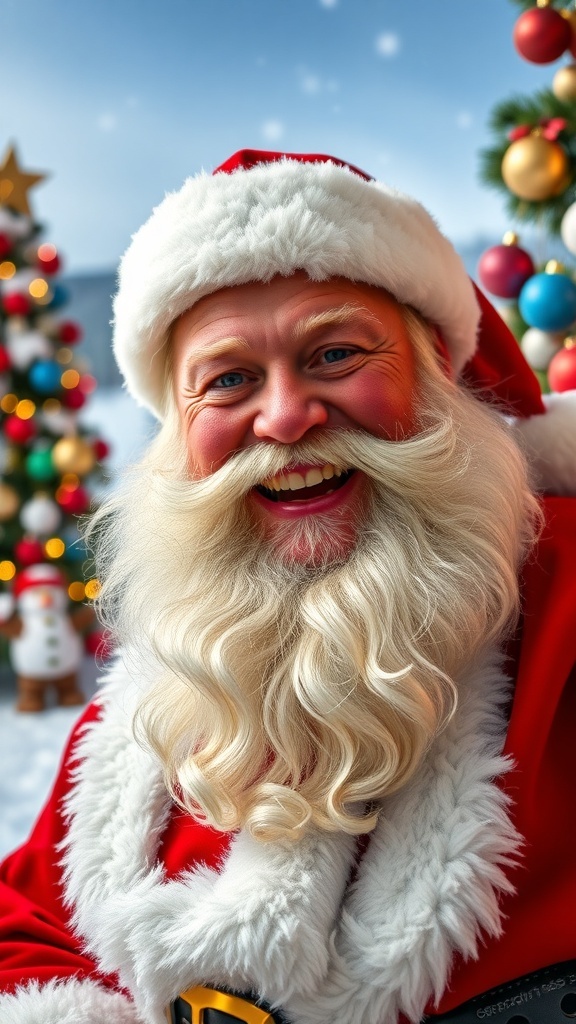 A joyful Santa Claus in a red suit with Christmas decorations and a snowy background.